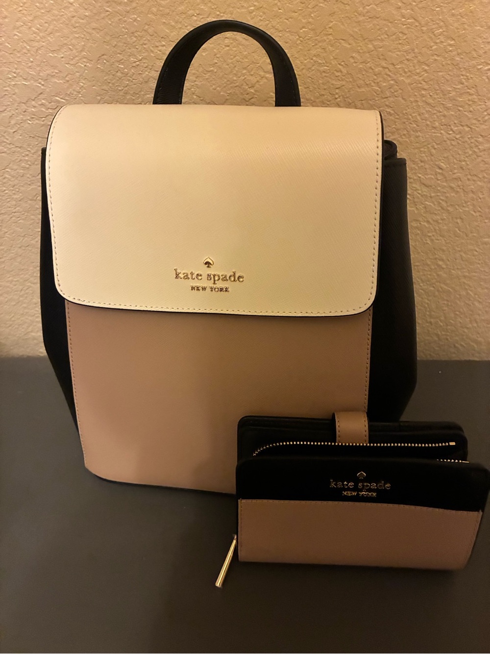 kate spade Colorblock Leather Backpack & Wallet Set - Cream, Tan, Black